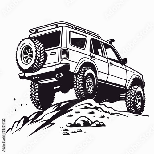 Rugged off road vehicle climbing rocky terrain vector