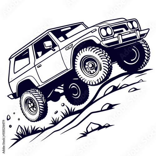Rugged off road vehicle climbing steep terrain steep hill rocks