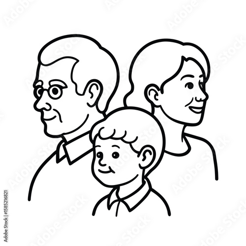 Fine Line Portrait Of Three Generation Family Featuring Child Parent Grandparent vector line art on white background