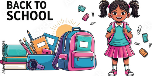 Cartoon girl with backpack and school supplies