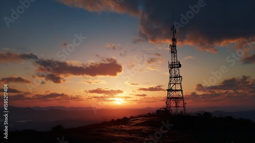 Wallpaper Mural Dramatic sunset landscape featuring silhouette of communication tower against colorful sky with mountain range in the background. Torontodigital.ca