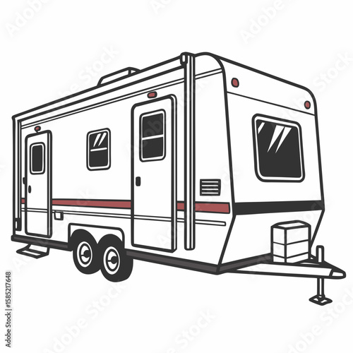 White camper trailer with red accents and black windows
