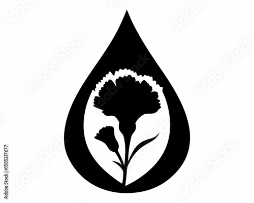 Black and white flower design within a teardrop shape with a smaller flower and stem inside the shape
