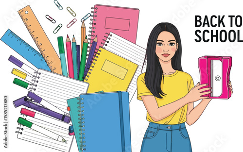 Back to school illustration with girl and school supplies