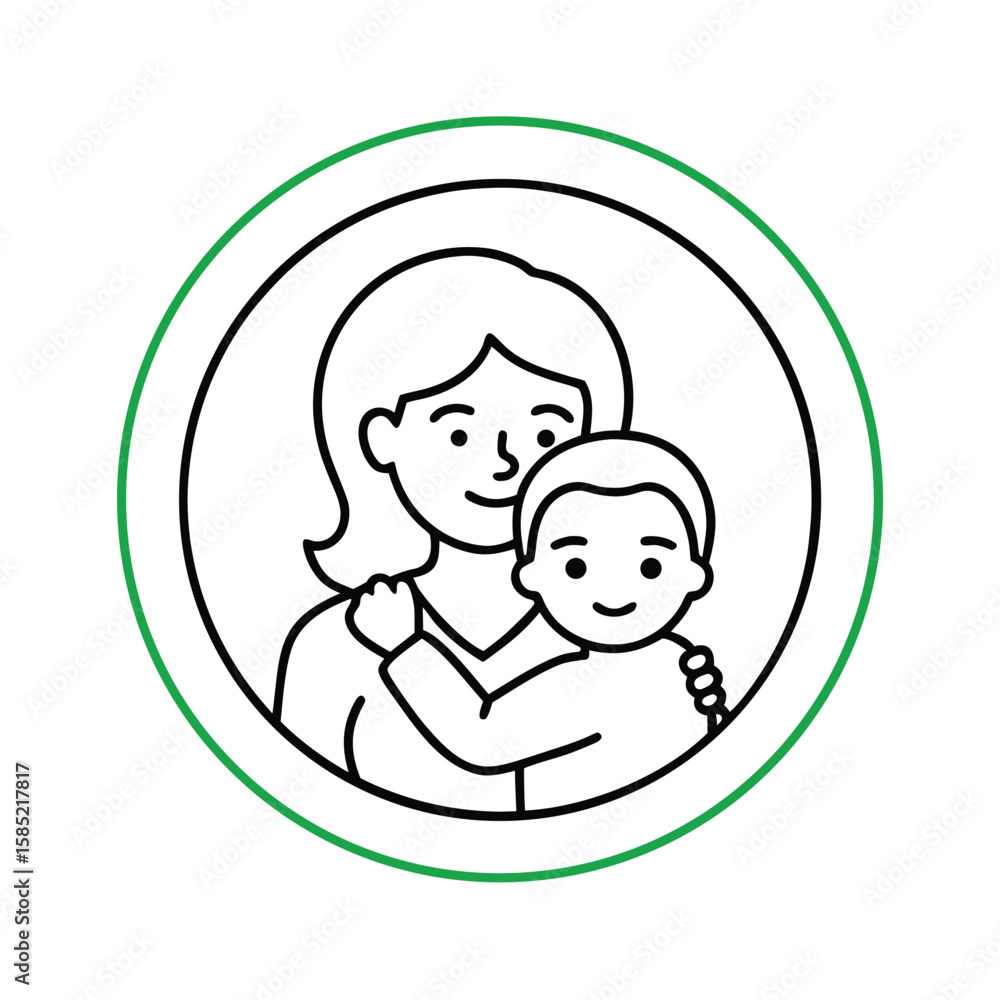 Monoline icon of parent hugging child encircled with emotional expression Monoline icon of parent hugging child encircled with emotional expression