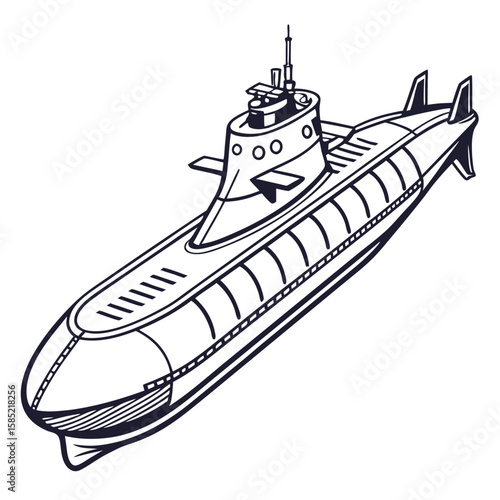 Sleek dark submarine with periscope and fins underwater naval