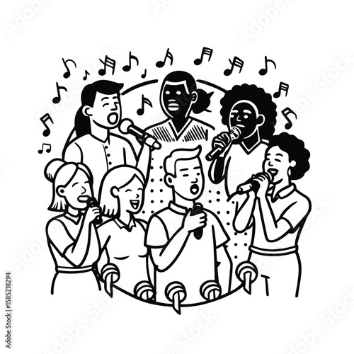 People of varied backgrounds singing together in community concert scene vector line art on white background