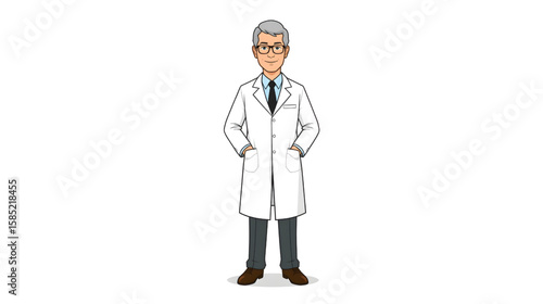 Vector illustration of a confident senior male professor wearing a white lab coat and glasses, standing with hands in pockets, representing professionalism, intelligence, and academic expertise.