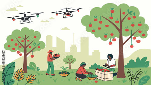 Illustration of orchard with drones flying over people harvesting apples near city skyline backdrop