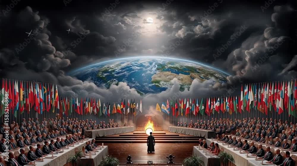 Global Leaders Summit: United Nations Assembly with World Flags and Focused Speaker Addressing International Delegates.