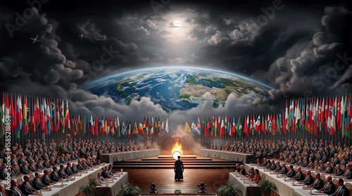Global Leaders Summit: United Nations Assembly with World Flags and Focused Speaker Addressing International Delegates.