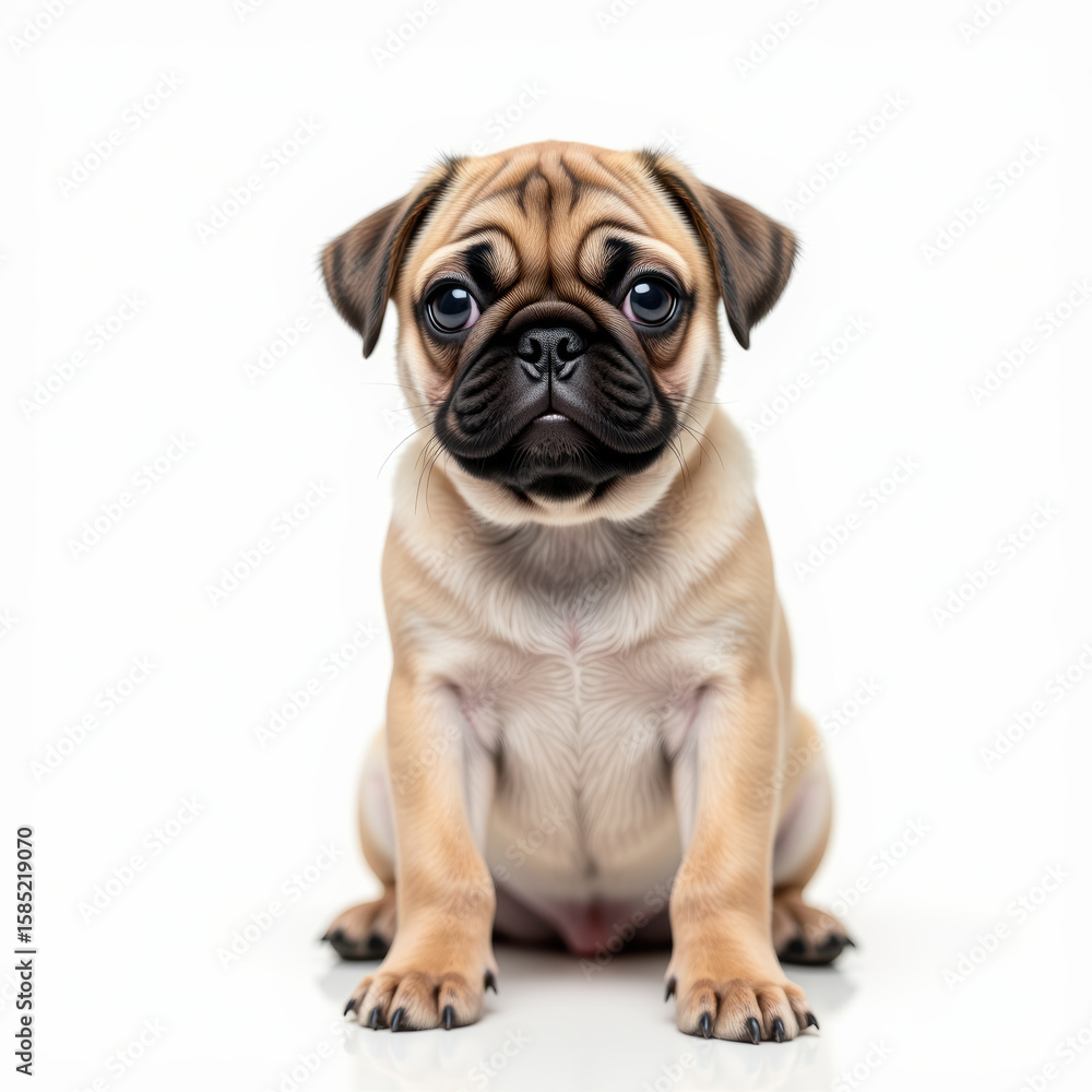 Cute pug puppy with smooth coat and expressive eyes sits against white background, radiating charm and playfulness Cute pug puppy with smooth coat and expressive eyes sits against white background, radiating charm and playfulness