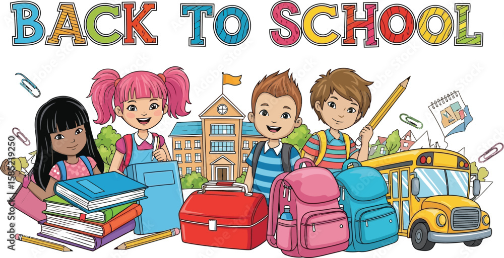 Back to school illustration with children, school bus, and supplies Back to school illustration with children, school bus, and supplies