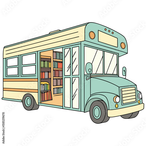 Teal and yellow bus converted into a mobile library books transportation