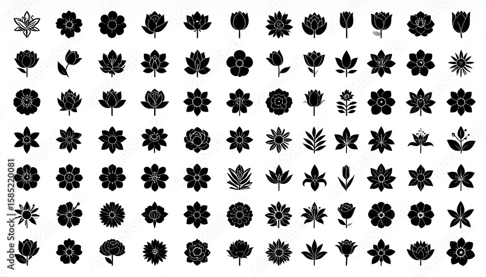 Fototapeta premium Simple flower icons in svg black silhouettes featuring minimalist floral shapes on a white backgrou 