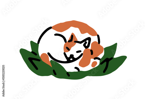 Happy cat sleeps in green grass. Cute asleep kitty is lying on lawn. Lovely kitten has a rest and nap outdoors. Sleepy pet in nature. Flat isolated hand drawn vector illustration on white background