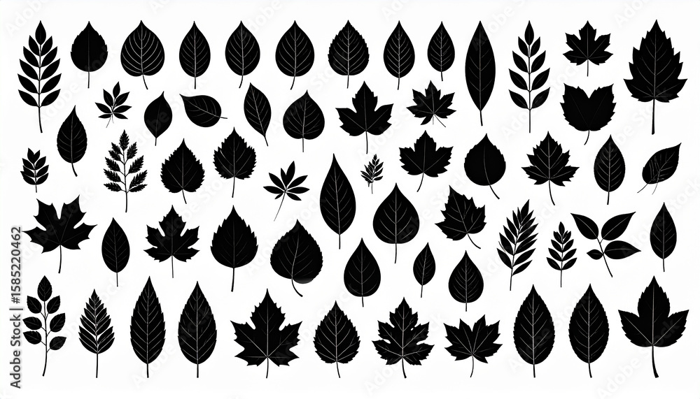 Fototapeta premium A vector silhouette image of a black collection of leaf icons set with a white background