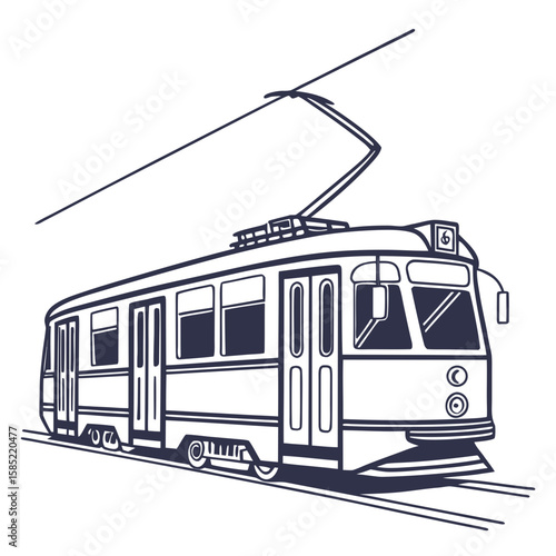 Vintage tram with pantograph on white background public transport city