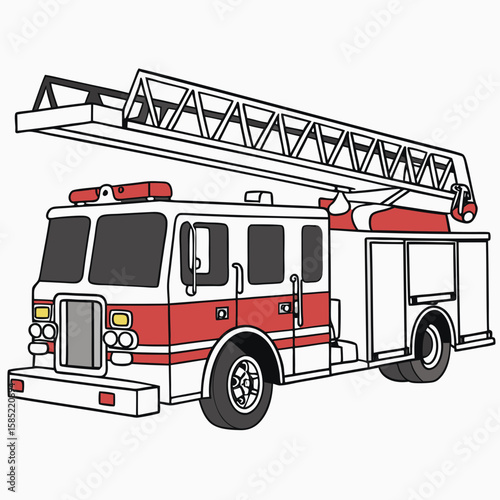 White and red fire engine with extended ladder fire truck emergency vehicle