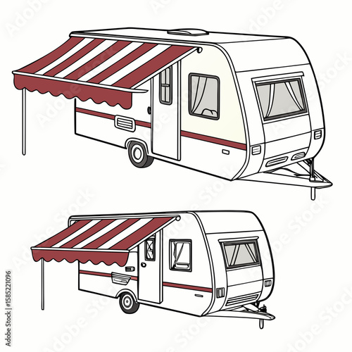 White caravan with red striped awnings and windows trailer camping