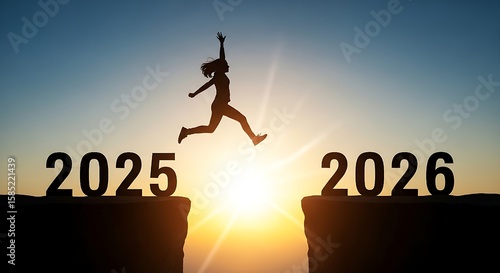 A lone woman's silhouette leaps confidently across a sunlit chasm separating 
