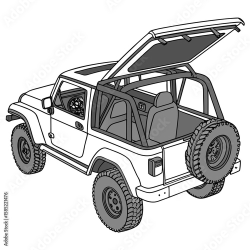 White convertible S U V with open roof and spare tire off road