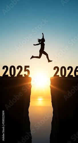 This visually compelling image of a woman leaping between the years 2025 and 2026 captures the essence of ambition, resilience, and the dynamic journey into the future.