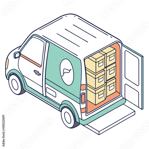 White delivery van with teal and orange accents loaded with packages cargo boxes