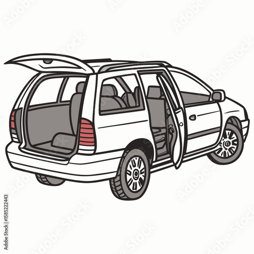White minivan with open doors and trunk vehicle transportation