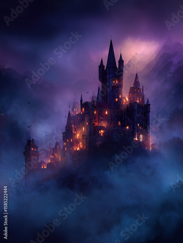 Dark castle with glowing windows in misty mountains
