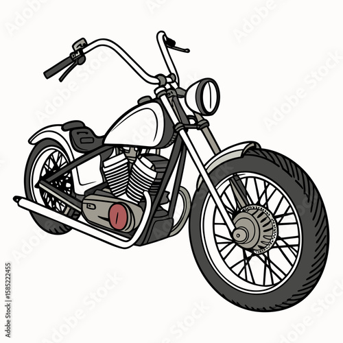 White motorcycle with high handlebars and spoked wheels chopper custom