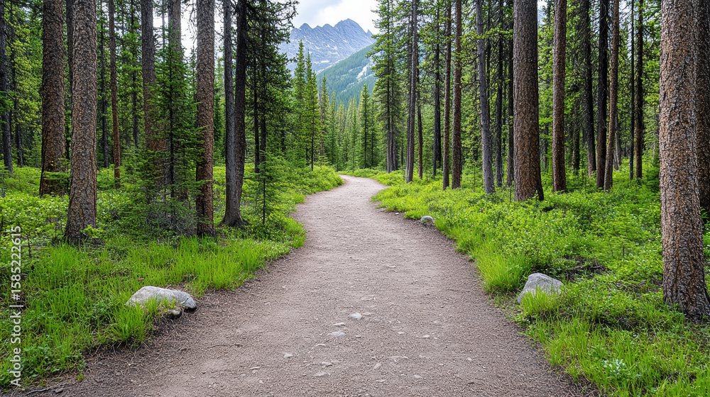 Fototapeta premium Wide angle view of forest trail surrounded by tall trees and lush greenery, inviting exploration