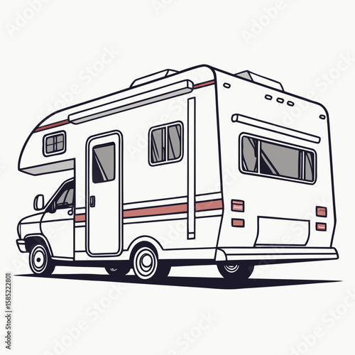 White recreational vehicle with red stripe detail and dark tinted windows motorhome