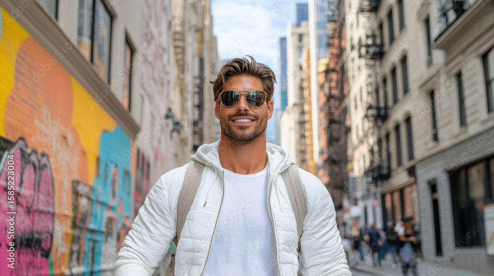Fototapeta premium Young man smiling urban setting with colorful mural background, wearing sunglasses and casual