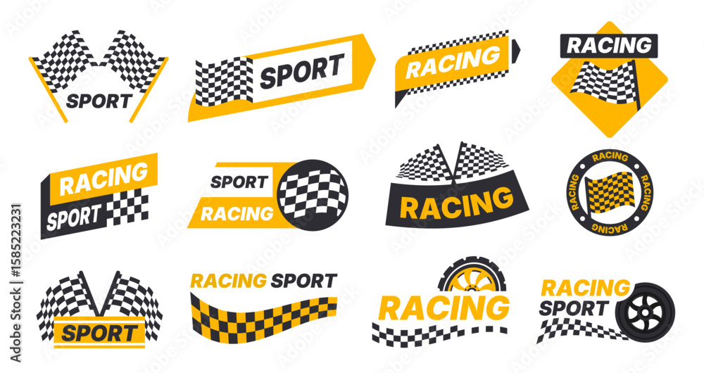 Obraz premium Racing checker logo. Speed car sport check sticker, checkered border stripe rally automobile badge flat cartoon style. Vector checking finish race logos set