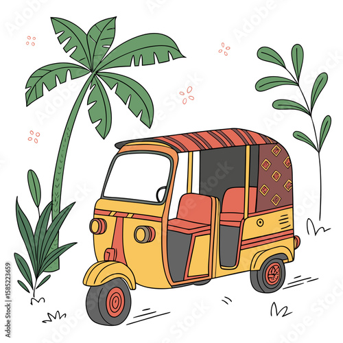 Yellow three wheeled auto rickshaw with red seats and striped canopy three wheeled vehicle