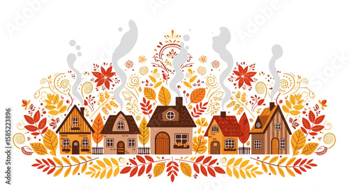 Colorful autumn village with smoke from rooftops and leaves  