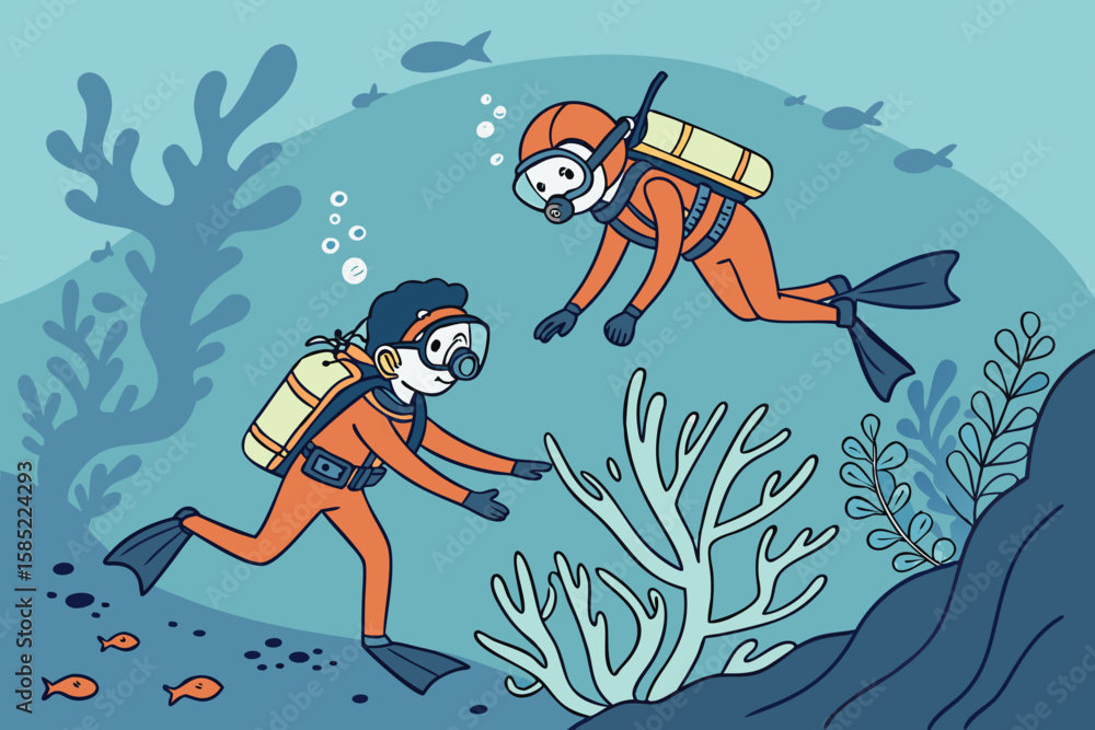 Two divers in orange suits explore the ocean with coral and fish swimming around them in blue water Two divers in orange suits explore the ocean with coral and fish swimming around them in blue water