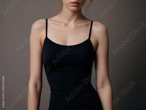 Close-Up of a Woman's Torso Wearing a Simple Black Tank Top, Showcasing the Clean Lines and Minimalist Style Against a Neutral Gray Backdrop in a Studio Setting