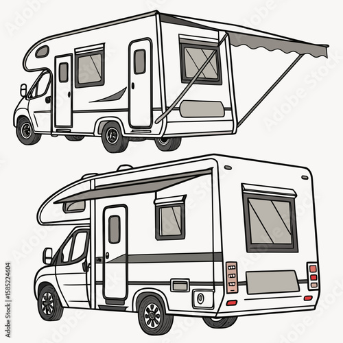 White motorhome with grey awning and windows camper