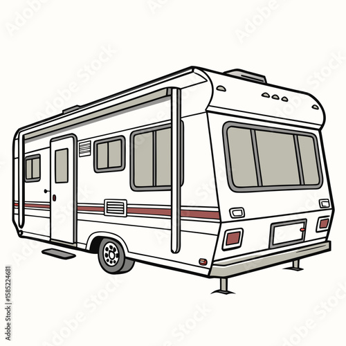 White motorhome with large windows and red stripes
