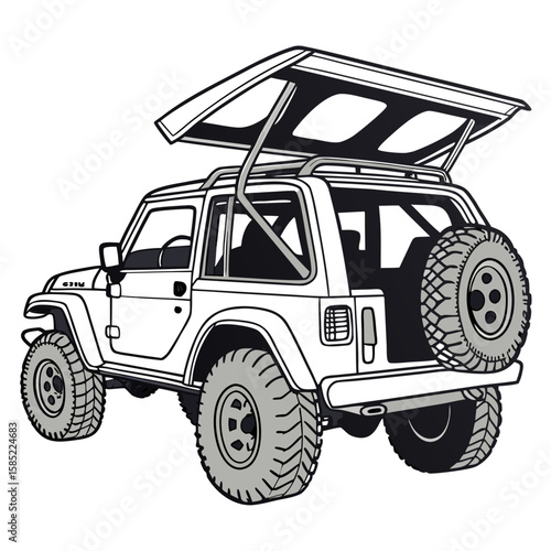 White offroad vehicle with open roof and spare tire
