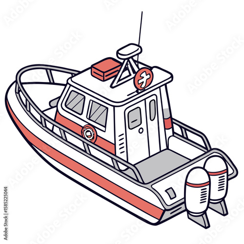 White red rescue boat with twin engines marine watercraft