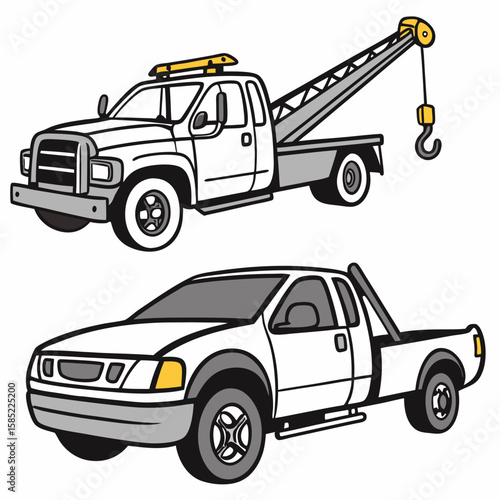 White tow truck with hook and yellow light above pickup truck