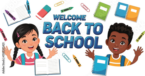 Welcome back to school illustration with children and school supplies