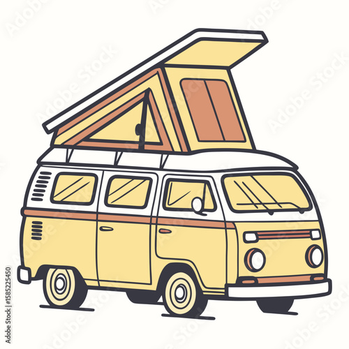Yellow camper van with pop up roof travel vacation