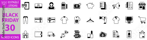 Black friday icon set. Editable vector of sale, discount, shopping, deal, offer, price, retail, promotion, black, friday, tag, shoppingbag, cart, money, percent, coupon, bargain, market, store icons.