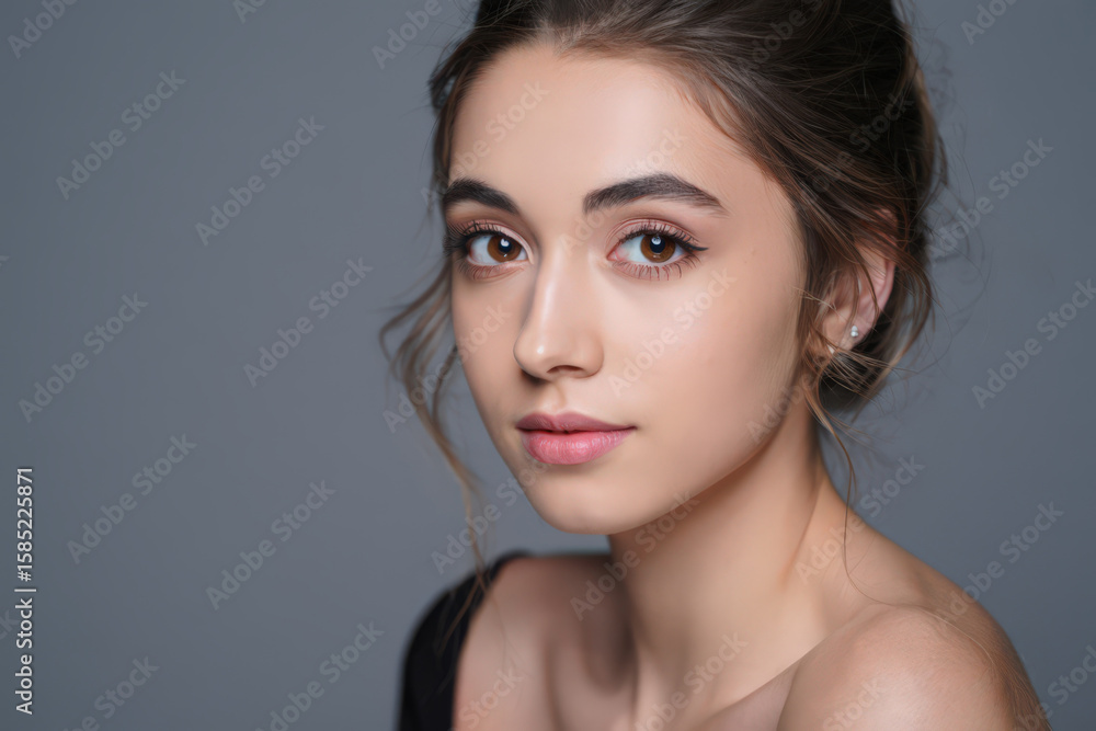Naklejka premium Charming Portrait of a Young Woman with Brown Eyes and Delicate Makeup Against a Neutral Gray Background Showcasing Natural Beauty and Graceful Elegance