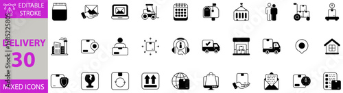 Delivery icon set. Editable vector of delivery, shipping, package, box, courier, transport, truck, van, mail, express, logistics, fast, parcel, service, cart, bike, scooter, drone, warehous and more.