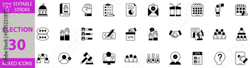 Election icon set. Editable vector of vote, election, ballot, democracy, politics, government, choice, campaign, candidate, poll, voting, voice, ballotbox, referendum, citizen, electionday icons.